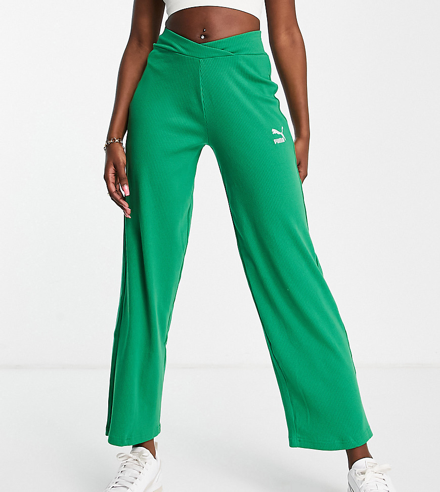 Puma ribbed high waisted wide leg trousers in green - exclusive at ASOS