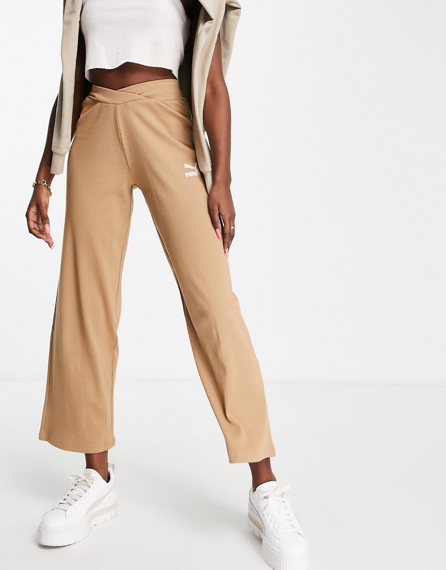 Puma ribbed high waisted wide leg trousers in tan - exclusive at ASOS-Brown