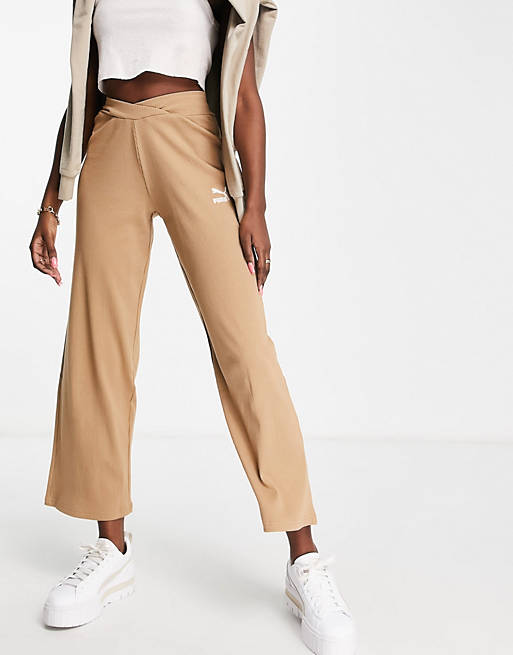 Trousers & Leggings Puma ribbed high waisted wide leg trousers in tan - exclusive at  