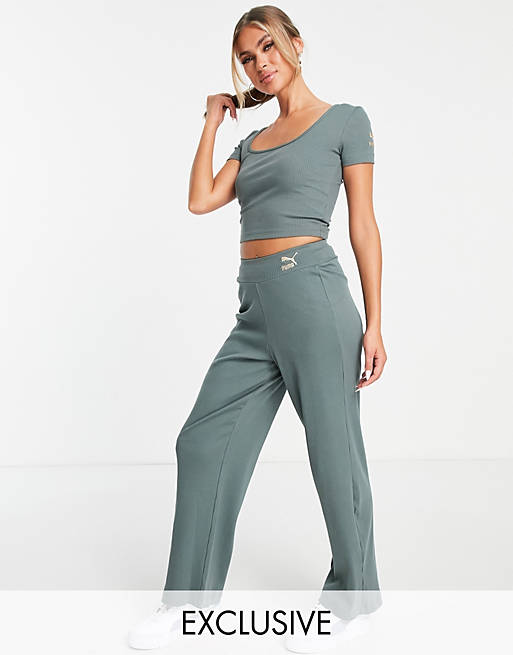 Puma ribbed wide leg trousers in deep green 