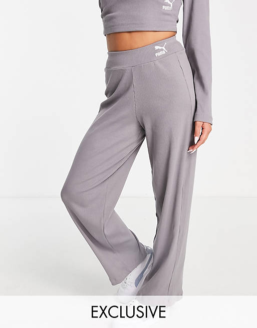 Puma ribbed wide leg trousers in storm grey