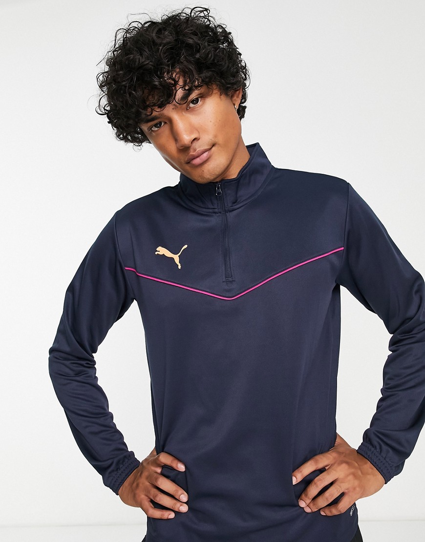 puma rise football top in navy and pink