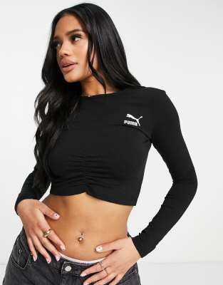 Puma ruched front long sleeve top in black - exclusive to ASOS