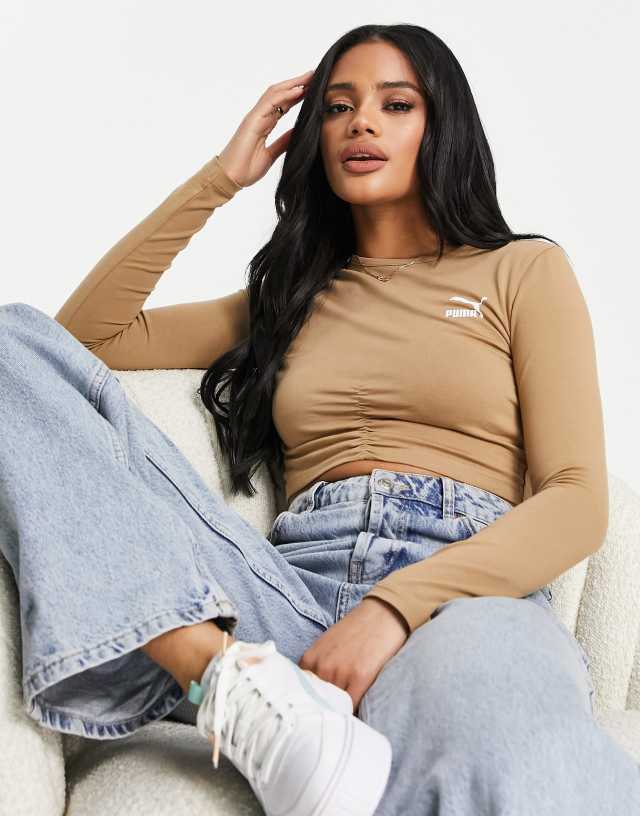 PUMA ruched front long sleeve top in tan - exclusive to ASOS