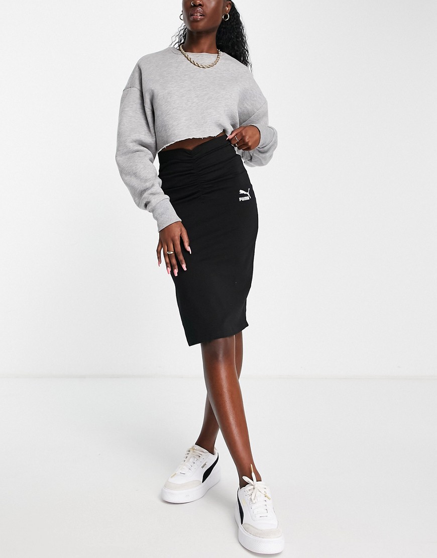 Puma ruched midi skirt in black - exclusive at ASOS