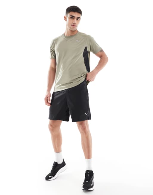 PUMA - Run Velocity - T-shirt kaki con profili rossi a contrasto, 3 di 4