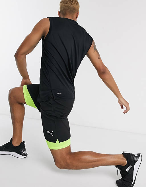 Puma Running 2 in 1 shorts in black and yellow