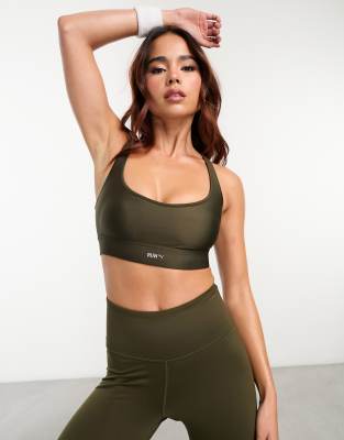 Puma Running Evolve medium support sports bra in khaki - ASOS Price Checker