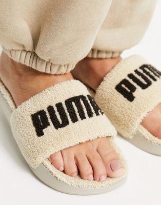 Puma sherpa slide with logo in oatmeal - ASOS Price Checker