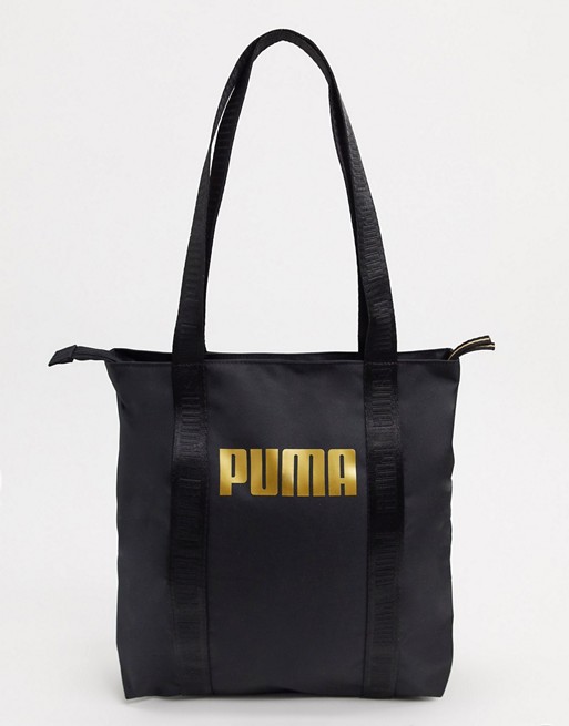 Puma shopper tote with logo straps in black