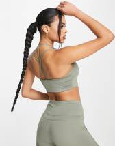 ASOS 4505 medium support sports bra with strappy back in khaki