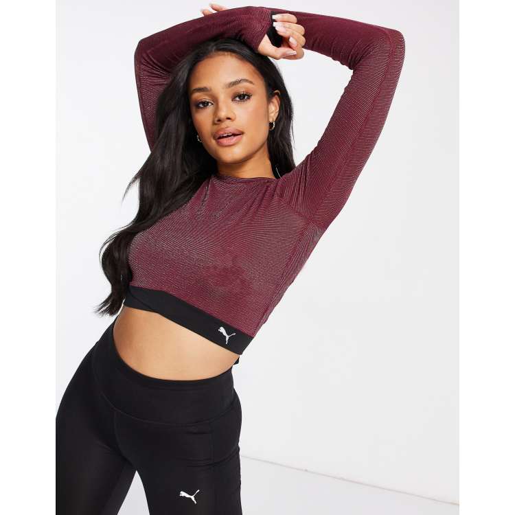 Puma Studio metallic long sleeve crop top in burgundy with back tie