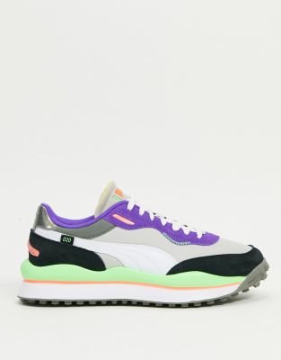 purple and gray sneakers