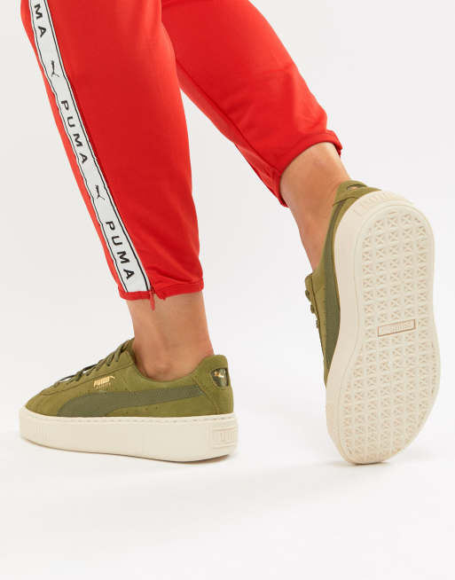 Puma suede platform store satin trainer in olive