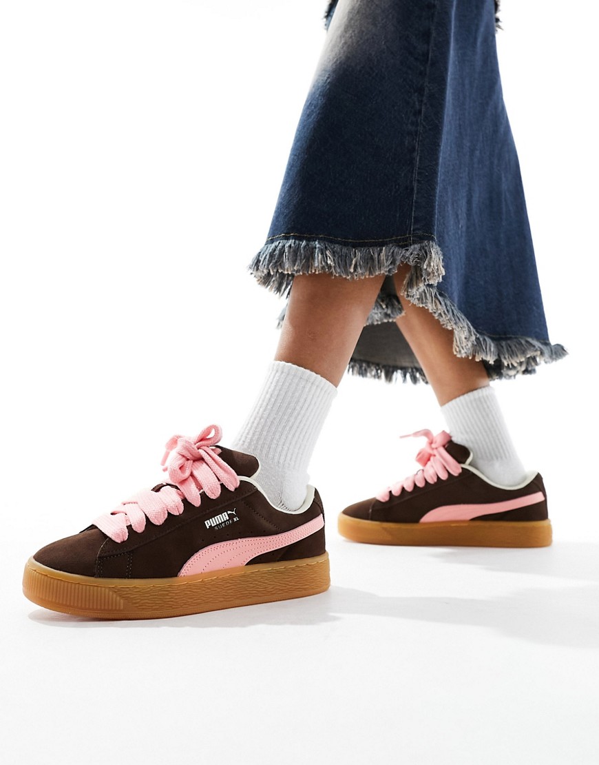 Shop Puma Suede Xl Sneakers In Brown With Pink Detail