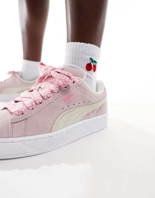 PUMA Suede XL sneakers with lace detail in pink and cream