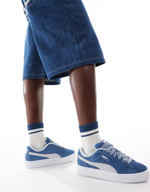 PUMA Suede XL sneakers with lace interest in blue and white ASOS