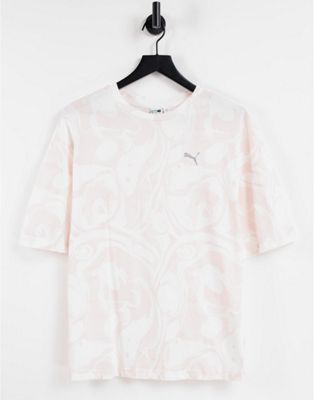 Puma swirl print t-shirt in pink and white