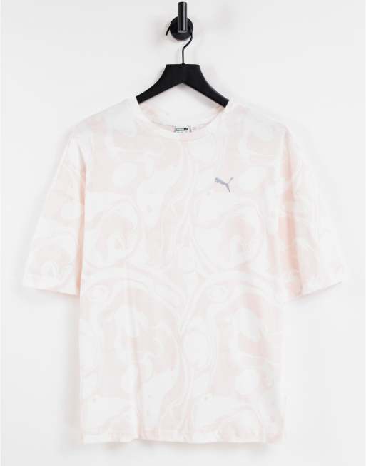 Puma swirl print T shirt in pink and white