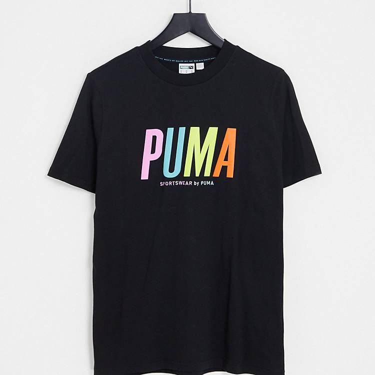 Puma t-shirt in black with multi color logo | ASOS