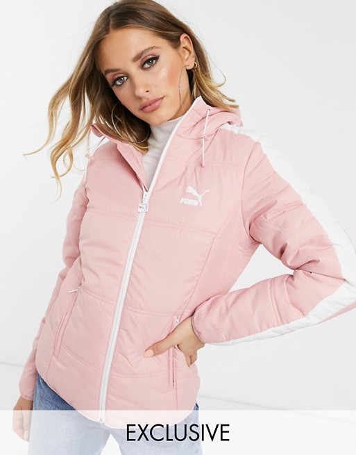 Puma T7 puffer jacket with stripe sleeve in pink