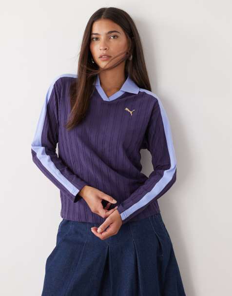 Puma T7 relaxed long sleeve polo in purple - view 1
