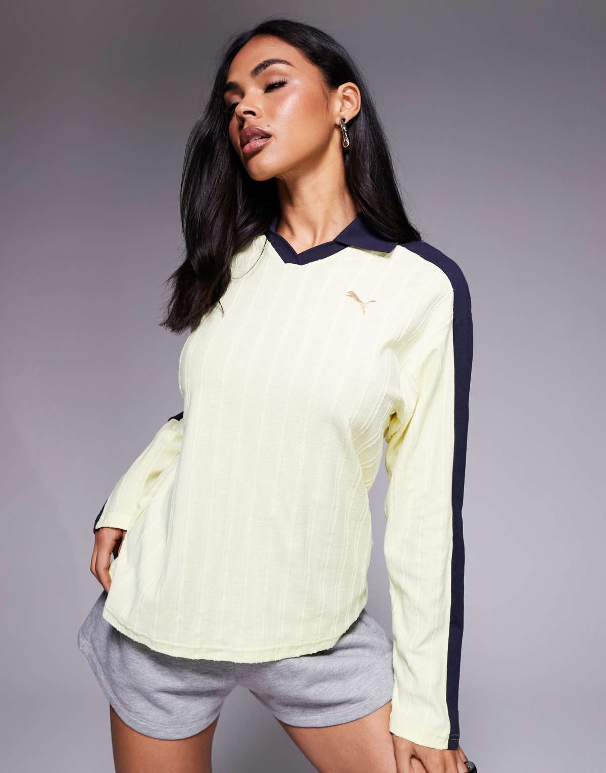 Puma T7 relaxed long sleeve polo shirt in gold moon