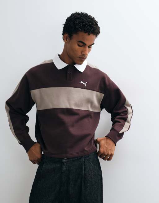 Puma T7 relaxed polo crew neck sweatshirt in brown, 2 of 5