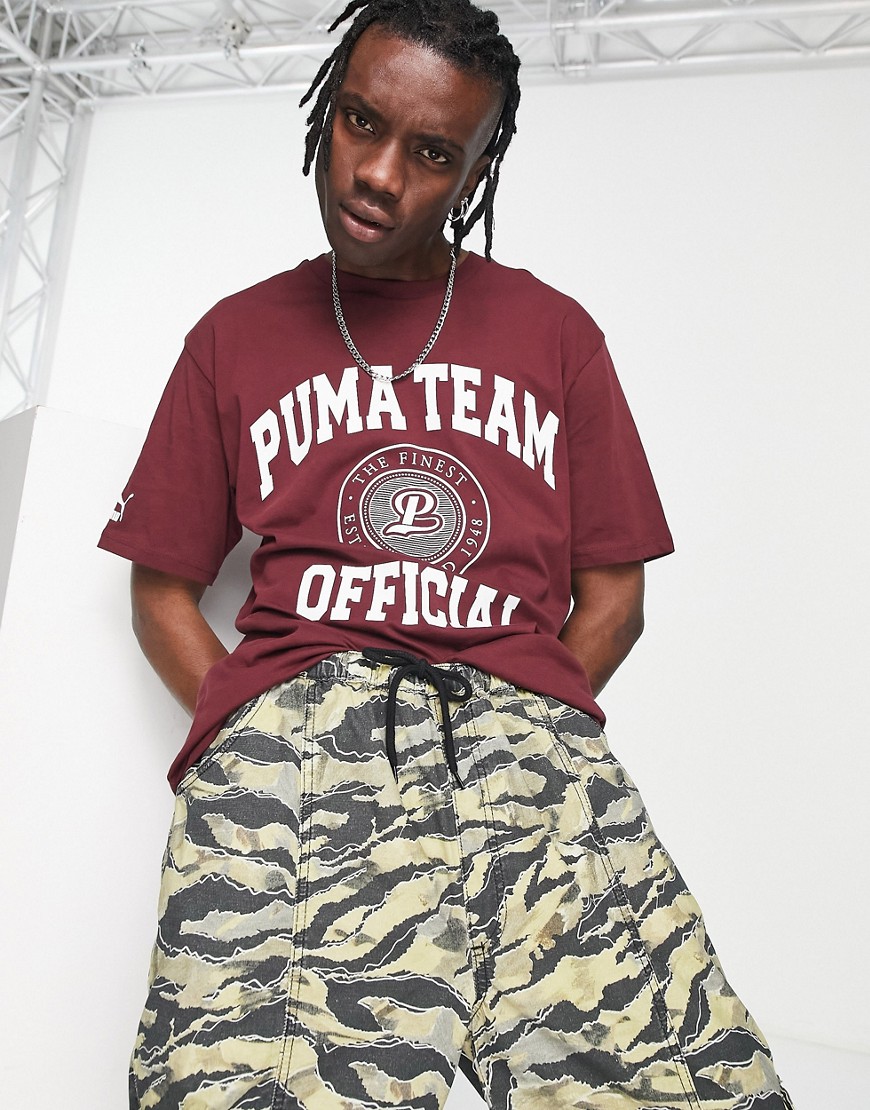 Puma Team t-shirt with varsity print in aubergine-Red