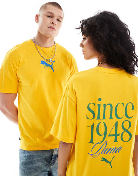 Puma Terrace back slogan print t-shirt in yellow and green - view 1