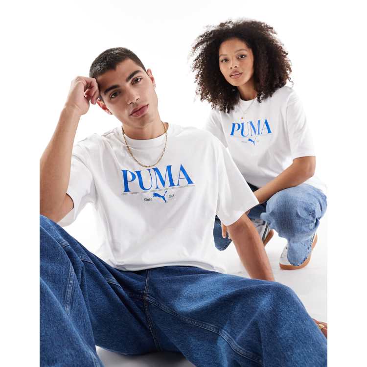 Puma Terrace central logo t t shirt in white and blue
