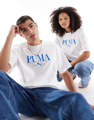 PUMA - Terrace - T-Shirt in Weiß und Blau mit mittigem Logo