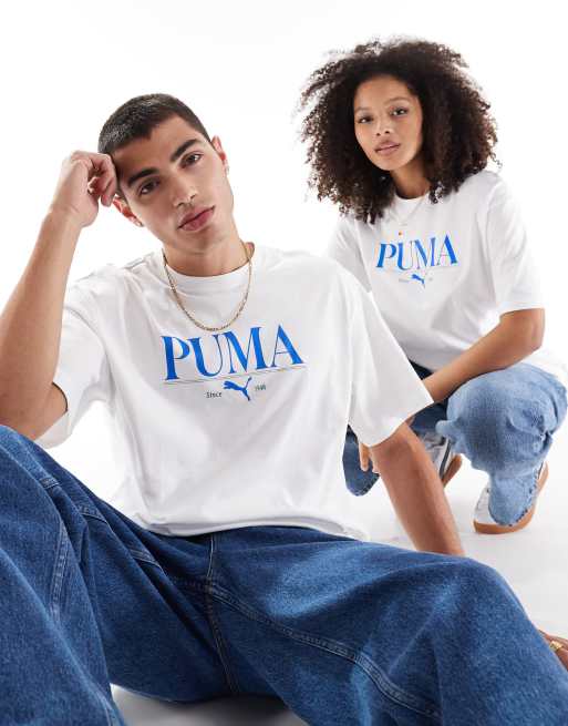 PUMA Terrace T Shirt in WeiB und Blau mit mittigem Logo ASOS