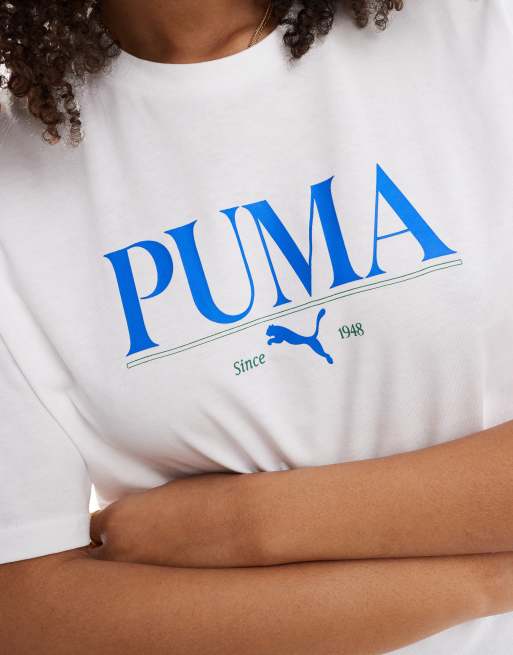 PUMA – Terrace – T-Shirt in Weiß und Blau mit mittigem Logo, 3 von 4