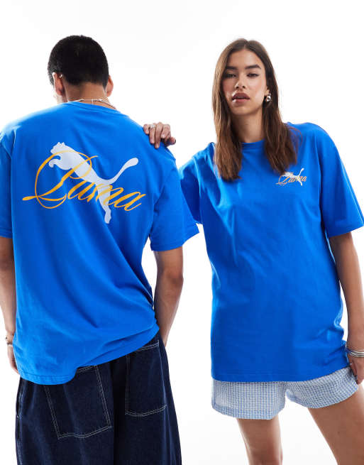 PUMA - Terrace - T-shirt met print op de achterkant in blauw en geel