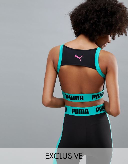 Puma - Top a reggiseno con zip nero e verde - In esclusiva per ASOS