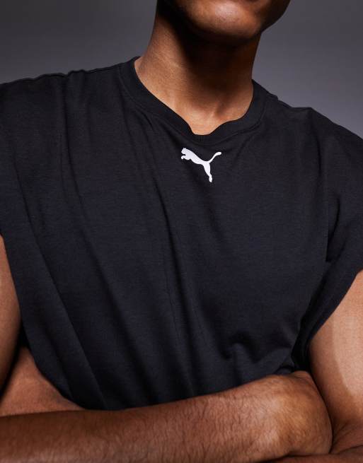 PUMA - Top senza maniche nero da allenamento con grafica sul retro e bordi tagliati, 3 di 5