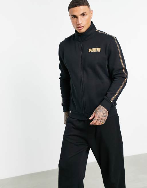 Puma track jacket in black with gold taping