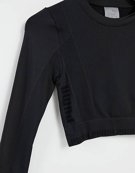Women Puma Training Evoknit seamless long sleeve crop top in black 