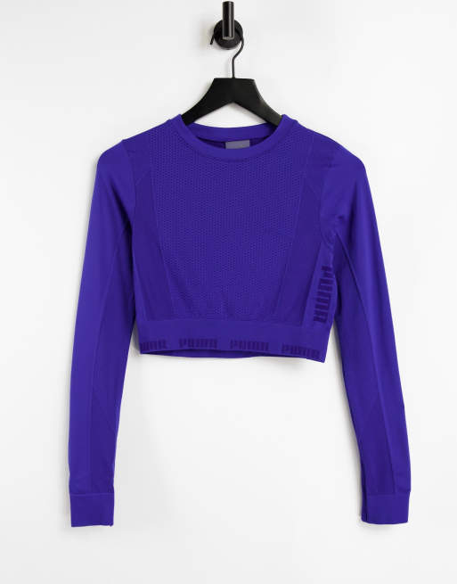 Puma Training Evoknit seamless long sleeve crop top in cobalt blue | ASOS