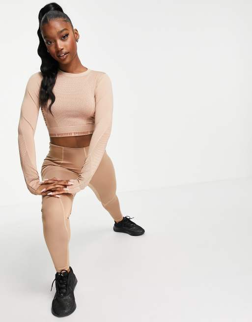 Puma Training Evoknit seamless long sleeve crop top in mocha, 3 of 4