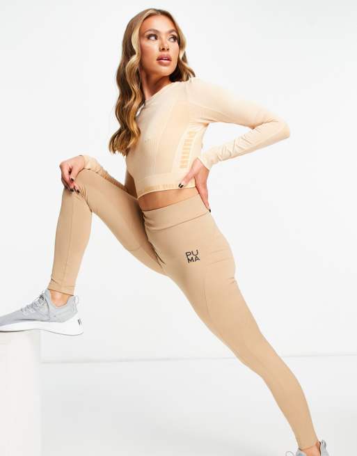 Puma Training Evoknit seamless long sleeve crop top in soft beige