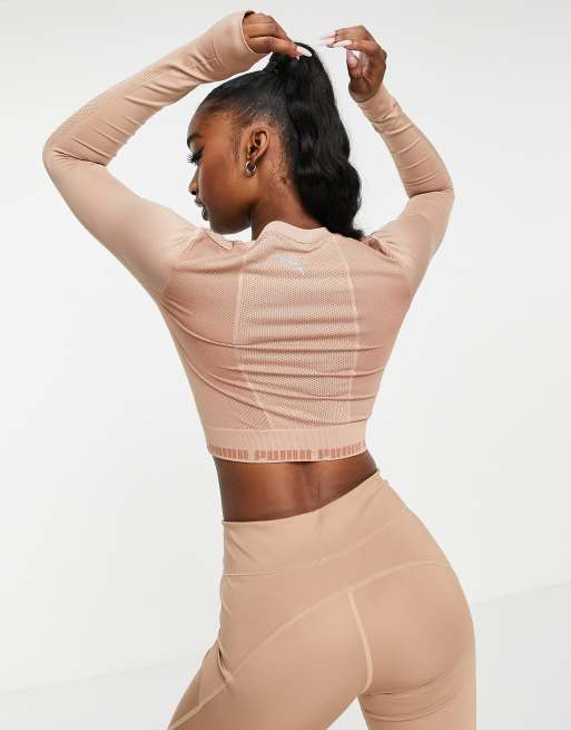 PUMA Training Evoknit seamless long-sleeved crop top in mocha, 2 of 4