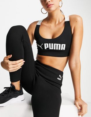 Puma Training Fit mid support sports bra with colourblock in black - ASOS Price Checker