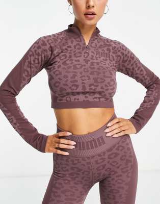 Puma Training Formknit Seamless 1/4 Zip Top In Mauve Leopard Print-brown