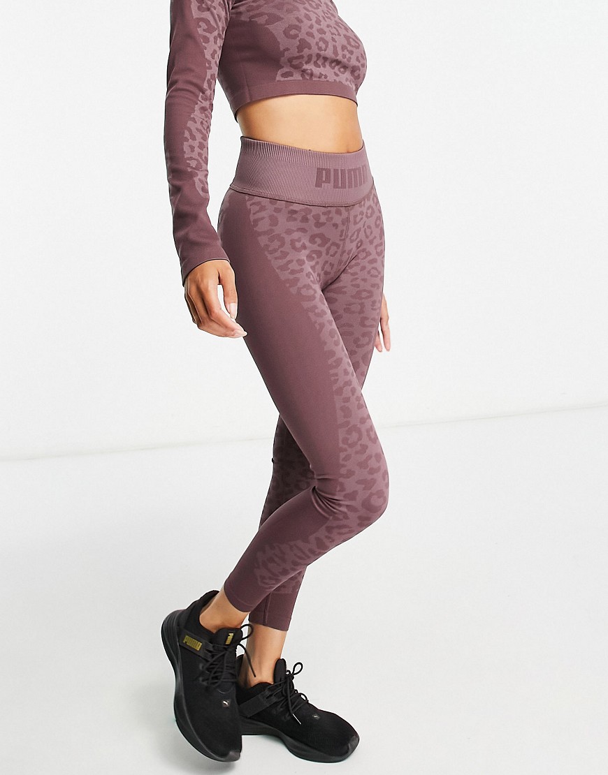 Puma Training formknit seamless high waist 7/8 leggings in mauve leopard print-Purple