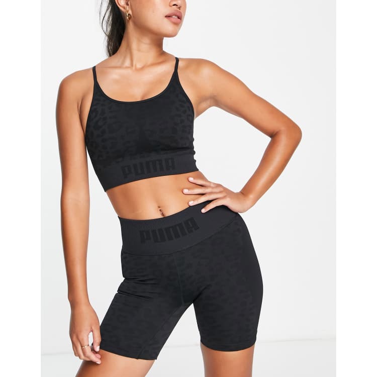 Puma Training formknit seamless low support long line sports bra in black  leopard print