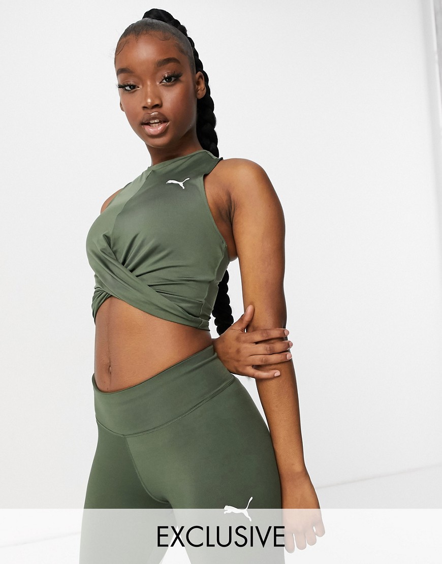 Puma Training knot front tank top in thyme exclusive to ASOS-Green