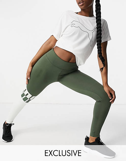 Puma Training leggings in thyme with grey logo panel exclusive to asos