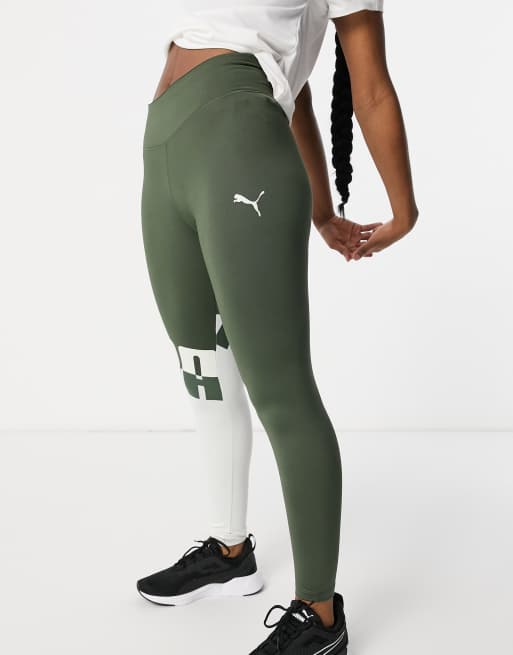 Puma Training leggings in thyme with grey logo panel exclusive to asos, 4 of 4